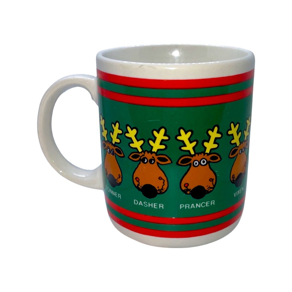 Vintage 1986 Christmas Reindeer Coffee Mug: Houston Foods Ceramic cup:Rudolph